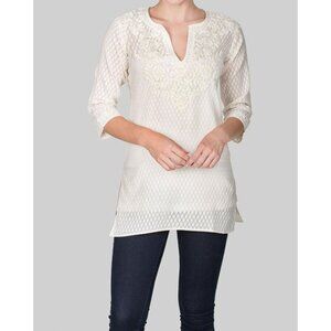NWT, Amaya Melanie Embroidered Tunic Top Size M Cream Silk 3/4 Sleeves